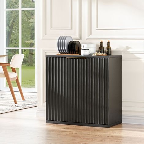 Credenza in MDF nero opaco, 2 ante con frontale scanalato e maniglia in metallo, 80x40x80 cm