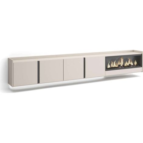 Mueble TV Alozaina-02 de 315x50x35 cm con chimenea eléctrica y luces LED, suspendido, color beige (1/4)