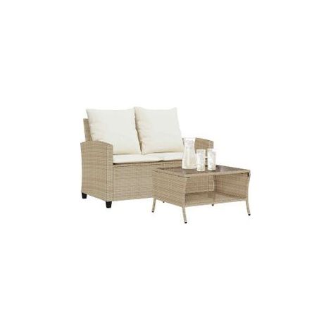 Canapé de jardin 2places coussins et table beige résine tressée (1/5)