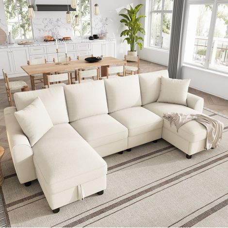 Canapé en U 280x137x84 cm beige en chenille avec rangement et coussins (1/5)