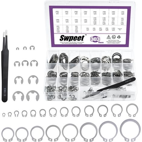 Lot de 303 clips en acier inoxydable 304 de 1,5 mm à 10 mm et clips en C M4-M28 mm pour circlips externes avec pince à épiler, anneaux de retenue de circlips pour tiges de pièces mobiles (1/5)