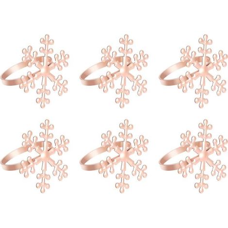 BelleRise - Lot de 6 ronds de serviette de Noël en métal, motif flocons de neige, couleur or rose, pour décorer votre table de Noël. (1/5)