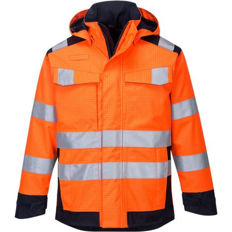 Chaqueta Modaflame protectora de calor, impermeable transpirable de alta visibilidad Rain Multi Norm Arc MV70 L Naranja flúor / Azul marino