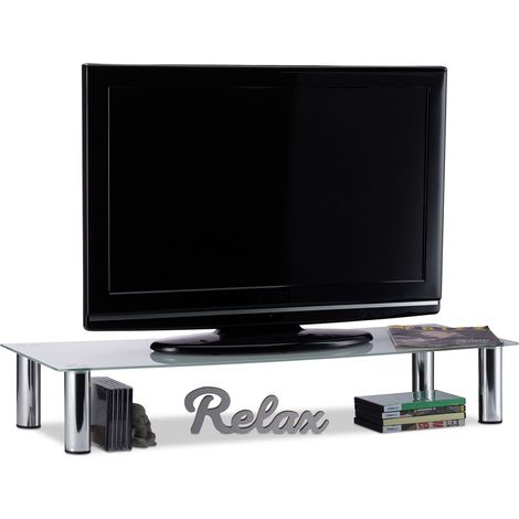 Relaxdays Glass TV Table, Chrome-Plated Metal Legs, Rectangular TV-Stand, Glass Tabletop, 100x35x17 cm, White/Silver (1/5)