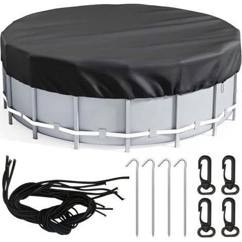 Bâche de piscine ronde 420D imperméable avec cordon de serrage et clous de sol, coupe-vent et protection solaire pour piscines gonflables, baignoires, trampolines (366 cm) (1/5)