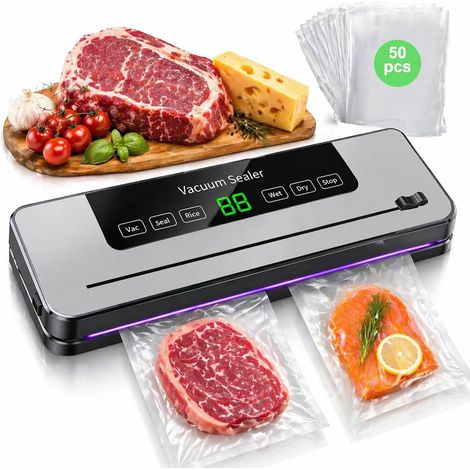 Machine Sous Vide Alimentaire, Avec 50 Sacs Sous Vide, Appareils de Mise Sous Vide Multifonction 5 en 1, Avec Mode Humide et sec pour Stockage de Fruits, Légumes, Pain, Viande, etc. (1/5)