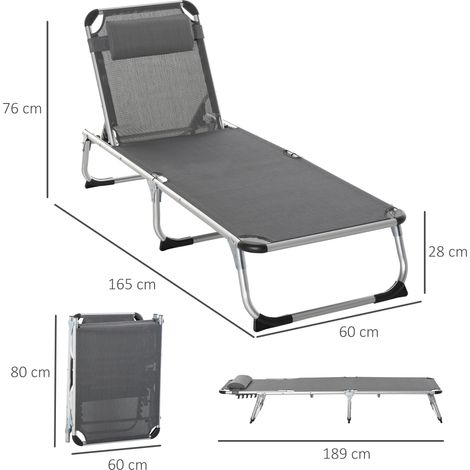 Chaise longue de jardin en aluminium et tissu, transat ergonomique inclinable 5 positions, pliable, maille respirante grise, dimensions 170x60x76 cm (1/5)