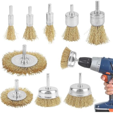 Set mit 9 Metallbürsten, Kreisschleifbürste mit Bürstensatz für 1/4-Zoll-Bohrmaschine, Winkelschleifer für Schraubendreher, Bohrmaschine zum Reinigen von Metall, Holz und zur Rostentfernung. (1/4)