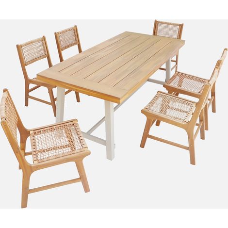 Mesa interior/exterior de madera de acacia y metal con 6 sillas de resina trenzada (1/3)