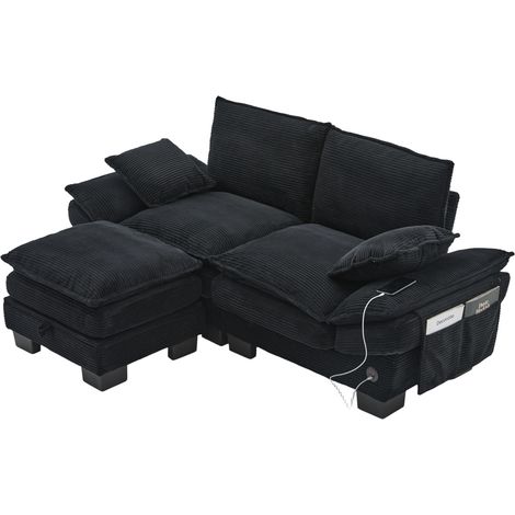 Canapé 2 places avec pouf coffre en velours côtelé noir, large assise ergonomique, USB-C et poches latérales, idéal salon bureau lounge CHICFURN (1/5)