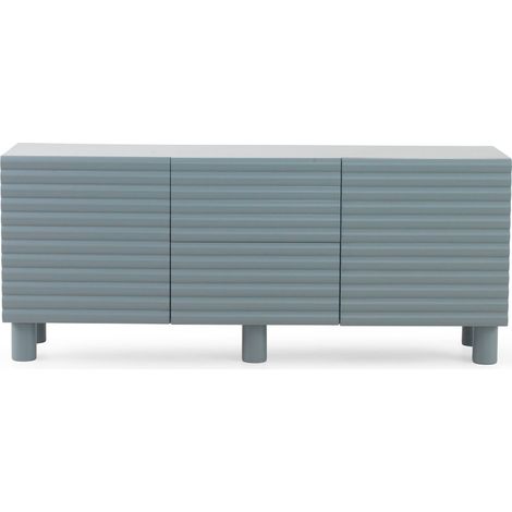 Taubenblaues Sideboard aus MDF mit wellenförmigem Relief an Türen und Schubladen sowie Beinen aus Massivholz. (1/5)