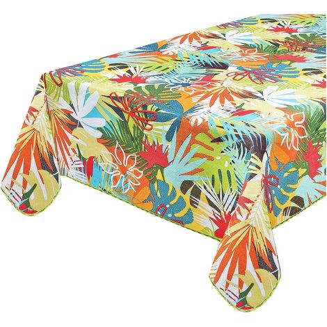 Tovaglia Antimacchia Bordata Copritavolo Foglie Palme Multicolore Cotone Plastificato - 120x160 Cm