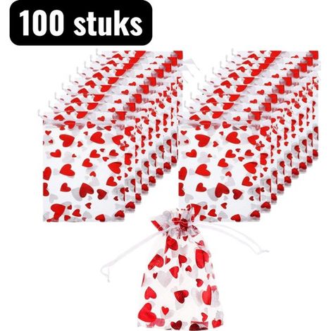 100 Stück Geschenkverpackung Geschenktüten Verpackung 8 x 10 cm Rote Organza Geschenktüten Roter Herzfoliendruck, für Valentinstag und Weihnachte (1/5)