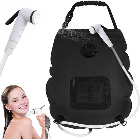 Bolsa de ducha portátil solar de 20 litros para camping con agua caliente, carga solar y cabezal de ducha para senderismo.