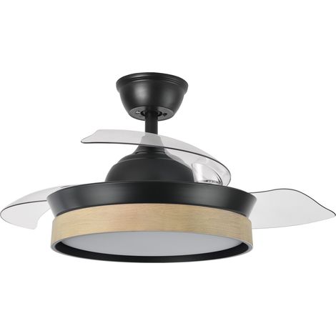 FABRILAMP IGLU ventilador de techo LED para interior, motor DC, 3 aspas desplegables, 91 cm, 6 velocidades, mando, temporizador, memoria, negro/haya (1/3)