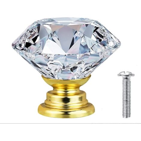 20 x Poignée Bouton de Porte Placard Meuble Tiroir - Diamant en Verre Cristal Clair + Base en or - 30mm - avec Vis de 1 Longueurs,