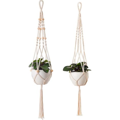 Lot de 2 suspensions pour plantes, paniers suspendus d'intérieur et d'extérieur, supports pour plantes suspendues, suspensions décoratives en macramé, 100 cm, couleur crème, style bohème (1/5)