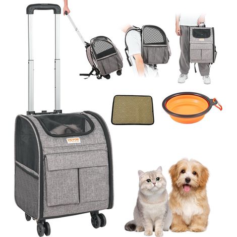 Sac à Roulettes pour Chat Chien 8,1 kg Sac de Transport Chats Poignée Télescopique Bandoulière Gamelle Pliable Transporteur Roulant Fermeture Éclair Autobloquante pour Animaux de Compagnie Gris (1/5)