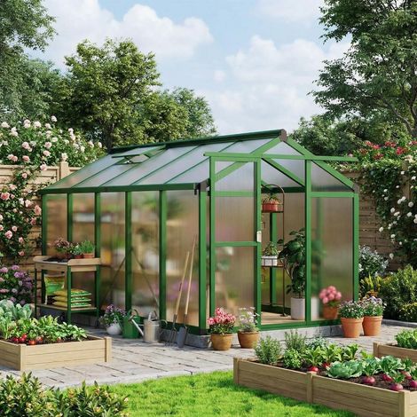 serre extérieure aluminium polycarbonate 183x305 cm porte coulissante aération toit ajustable vert jardin arrière-cour (1/4)