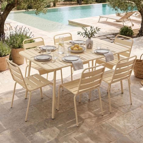 Ensemble table de jardin + 6 chaises en métal crème - BACA (1/5)