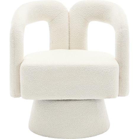Sillón giratorio 360° de bouclé beige con reposabrazos envolventes y base metálica (1/5)