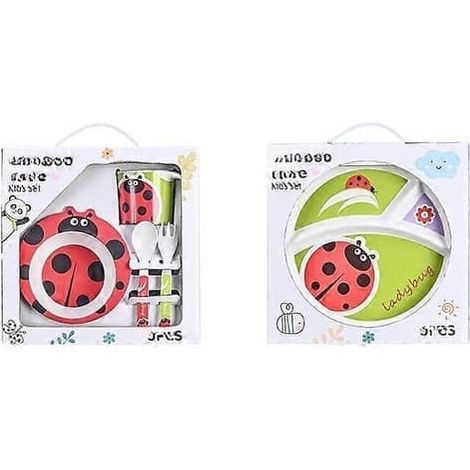 Service de table créatif pour enfants en fibre de bambou, cinq pièces, motif scarabée. Coffret cadeau Scarabée. Coffret cadeau Scarabée. Coffret cinq pièces avec boîte cadeau.