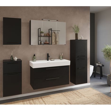Badmöbel Komplett Set in schwarz, Spiegelschrank, Midischrank, Hängeschrank und Unterschrank - ATELLA-03 (1/5)