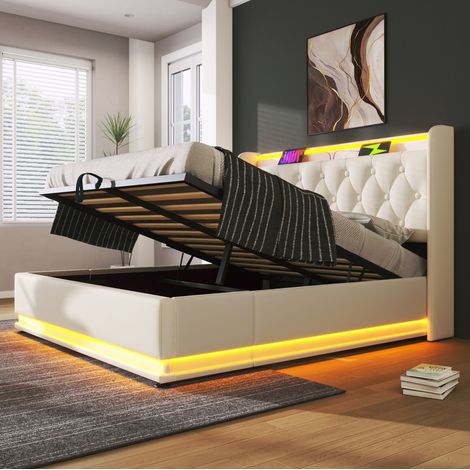 Lit double capitonne classique 160x200 cm en PU blanc avec tete de lit, LED 360°, coffre hydraulique et USB-C (1/5)