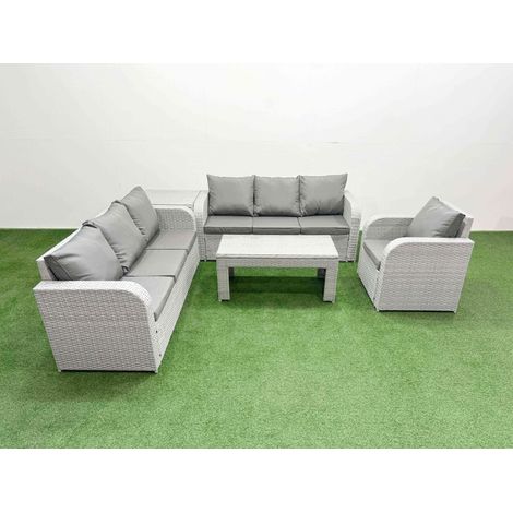 Fimous 7 Seater Poly Rattan Outdoor Garden Furniture Oblong Coffee Table Sofa Set Patio 3 Seater Sofa Reclining Chair 3 Seater Sofa Side Table Light Grey (1/4)