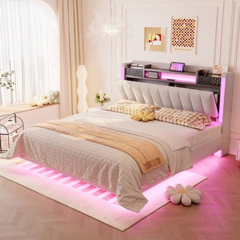 Cama tapizada 140x200 cm beige, lino y metal con LED y cabecero con almacenaje (1/5)