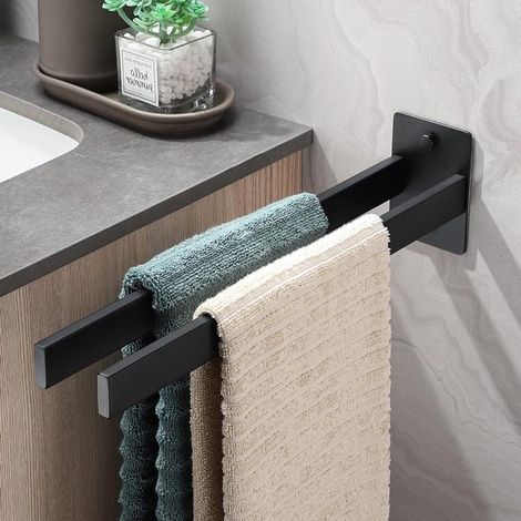 Toallero doble resistente a taladros - cuadrado, acero inoxidable negro mate - 38 cm (1/5)
