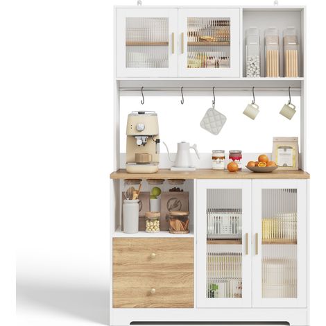 Buffet haut de cuisine Blanc,meuble moderne avec LED,avec 4 portes,plan de travail,prise avec USB,110x40x178cm (1/5)