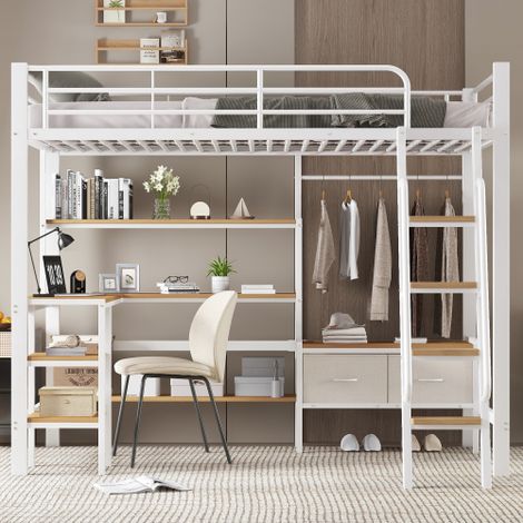 Letto a soppalco in ferro, con due contenitori in tessuto, scrivania e ripiano portaoggetti, scala inclinata a quattro piani, ferro + MDF, bianco + naturale, 90x200 cm (1/5)