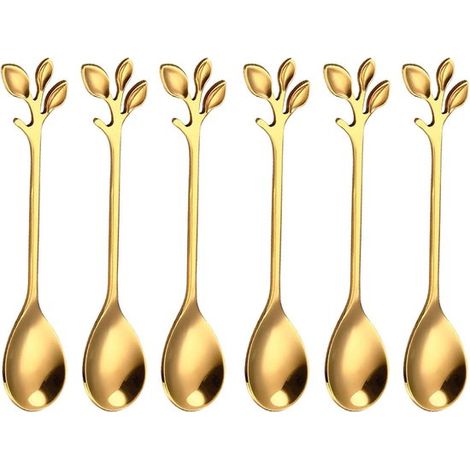 Juego de 6 cucharas de postre doradas con diseño de hoja: cucharas de acero inoxidable de lujo para helado, café y té.