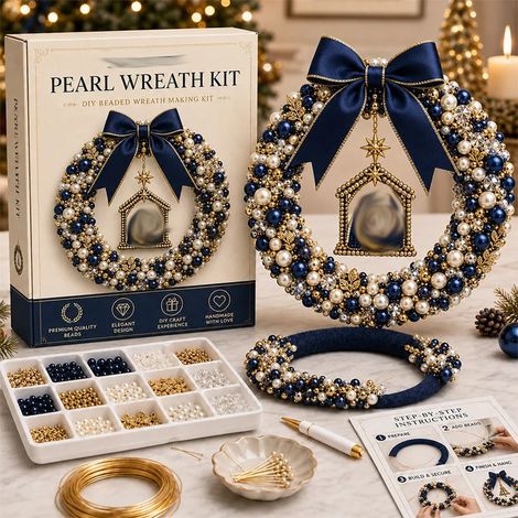 DIY-Weihnachtskranz-Bastelset mit Perlen, Bastelmaterialpaket für Weihnachtskränze, inklusive Holzkranzrahmen, Band, ABS-Perlen, Nadeln, Draht und Acrylplatte. (1/5)