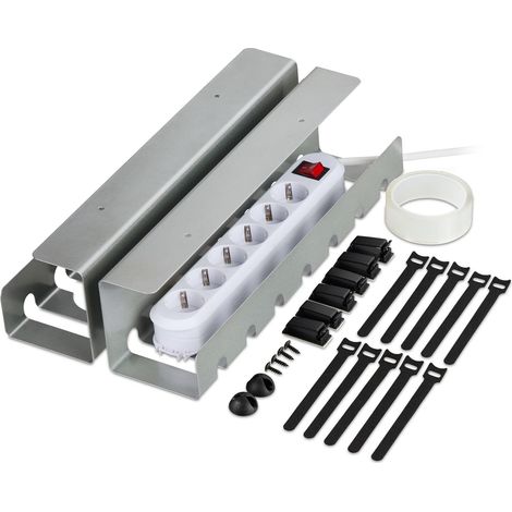 Relaxdays Desk Cable Tidy, Set of 2, Wire Management, 10 x 43 x 10 cm, Under Table Tray, Mounting Accessories, Silver