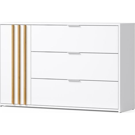 Comò FLORENCE – Bianco e quercia – 1 porta + 3 cassetti – Chiusura ammortizzata – Design contemporaneo