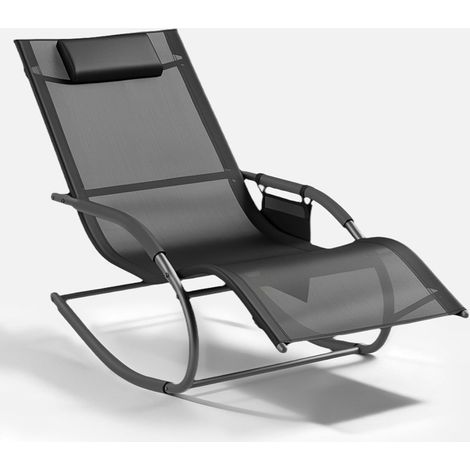 Aoxun fauteuil à bascule, chaise de jardin avec appuie-tête et poche latérale, chaise longue à bascule en métal et maille pour salon, cour, jardin et balcon, 148 x 63 x 84 cm, noir (1/5)
