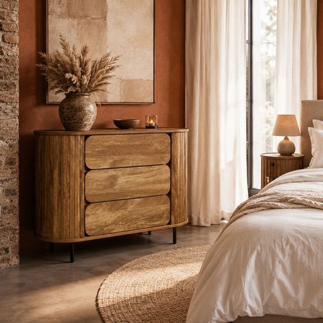 The Home Deco Factory – Commode 3 tiroirs art déco – Bois marron et noir – Design sans poignées – Lignes arrondies – Meuble fonctionnel et esthétique