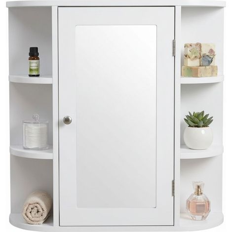 Relaxdays mirror cabinet, 6 shelves, 4 compartments, HxWxD: 58 x 61 x 18 cm, wall-mounted, bathroom cabinet, white