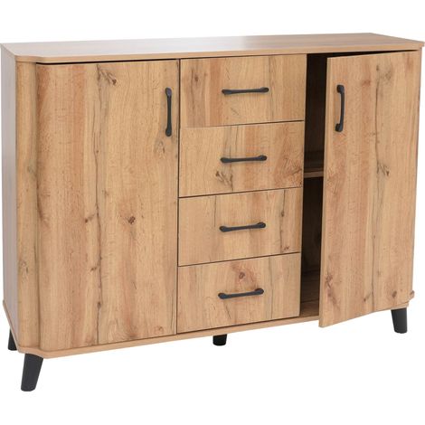 Commode HWC-P42, buffet, 4 tiroirs, 2 portes, MDF 92 x 120 x 40 cm - aspect chéne Wotan
