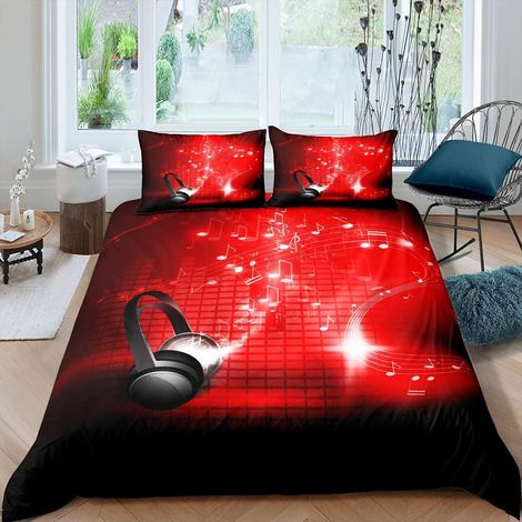 Note de Musique Parure de Lit 140x200cm Ensembles de Musique pour Casque de Housse de Couette Musique Rock Housse de Couette Décor de Chambre Rouge et Noir Collection de Literie Motif Musical - 140 x (1/5)