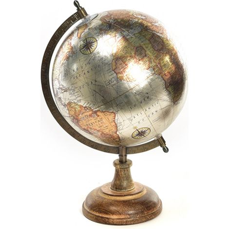 Mappamondo con piedistallo in legno decorazione per ambienti h 32,5 cm -Argento (1/3)