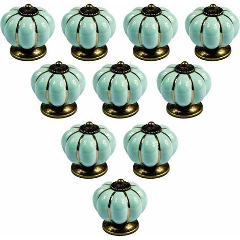 Lot de 10 boutons de meuble en céramique de style européen vintage et en forme de citrouille pour commode, armoires et tiroirs, Light Blue (1/5)