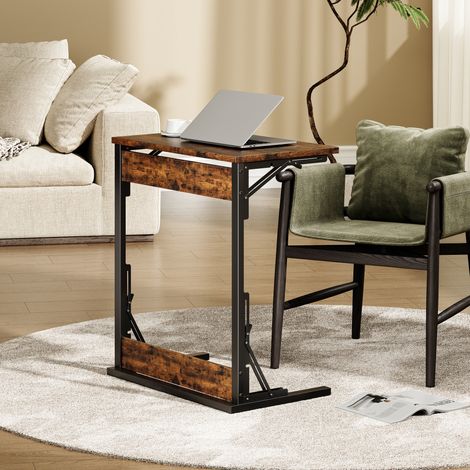REDOM - Mesa auxiliar 60x37x71 cm, forma de C, plegable, patas ajustables, metal y tablero de partículas, marrón rústico (1/5)