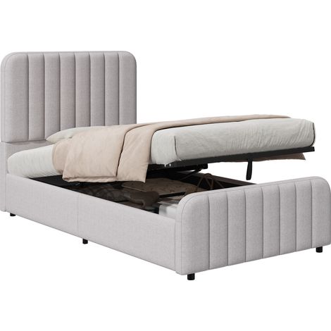 Bettkastenbett 90 x 200 cm mit Lattenrost, gepolstertem Kopfteil, graues Leinen HAVRYA (1/5)