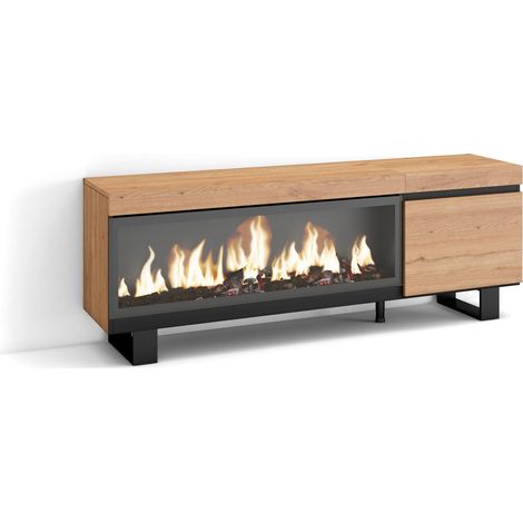 Skraut Home - Mueble TV, Televisión, Muebles de salón, almacenaje, 160, Para TV hasta 65", Chimenea eléctrica XXL, Diseño industrial, Estilo Moderno, Roble (1/5)