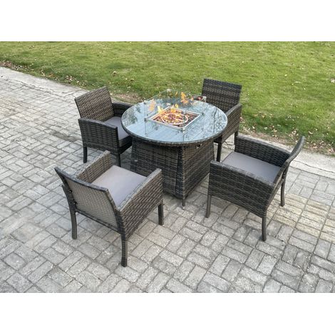 Fimous Outdoor Rattan Garden Furniture Set Gas Fire Pit Round Table Sets Gas Heater with 4 Seater Dining Cahirs Dark Grey Mixed (1/5)