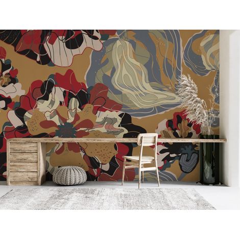 Papier peint nature motifs de feuilles rousses et fleurs dantan - 150 x 250 cm (1/2)