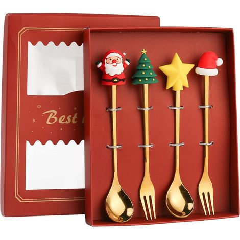 Cuillère Et Fourchette De Noël - En Acier Inoxydable - Set De Couverts Pour Dessert Café Et Cocktail - Décoration Festive Avec Pendentifs Thème Noël - 1 Set (1/5)
